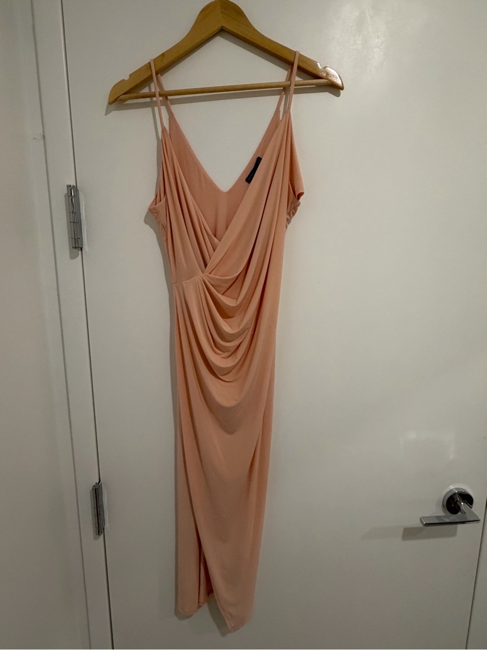 Blush Peach Draped Midi Dress with Spaghetti Straps